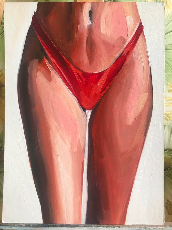 Only swimming trunks - oil painting on cardboard, original gift, red underwear, woman legs, nude, erotics, original gift, home decor, pop art, office interior