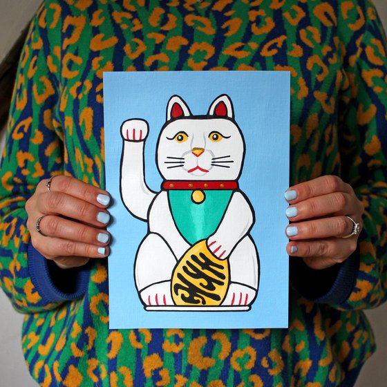 Lucky Cat Pop Art Painting on Unframed A5 Paper