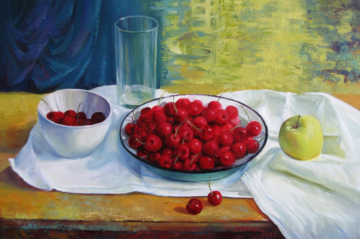 Photorealistic Still Life Acrylic Painting By Elena Oleniuc, 24 X 16, Cherries, Original Artwork