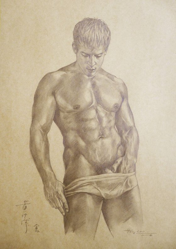 original drawing pencil art male nude man on brown paper #16-6-3