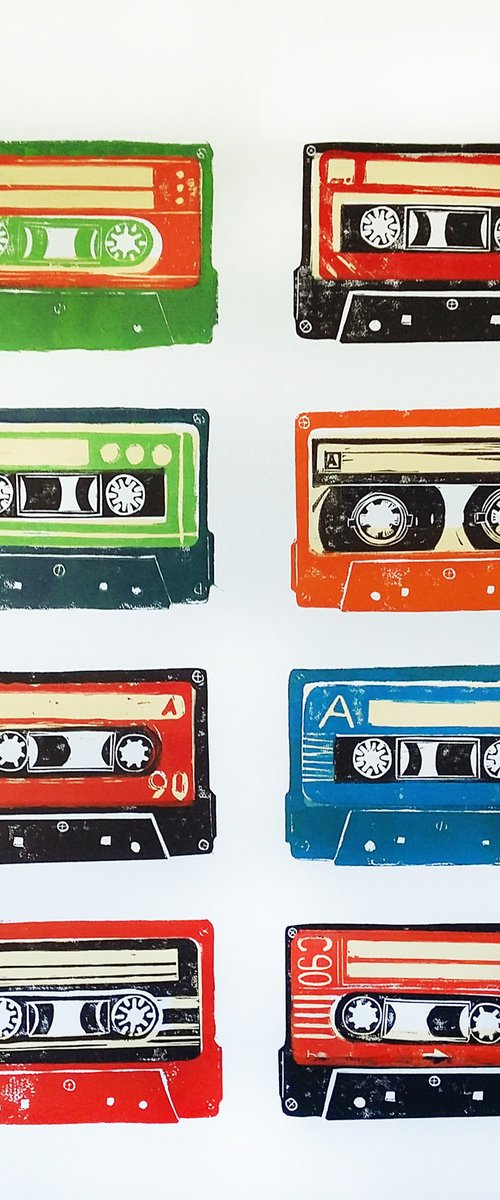 Linocut cassette tapes #64 by Carolynne Coulson