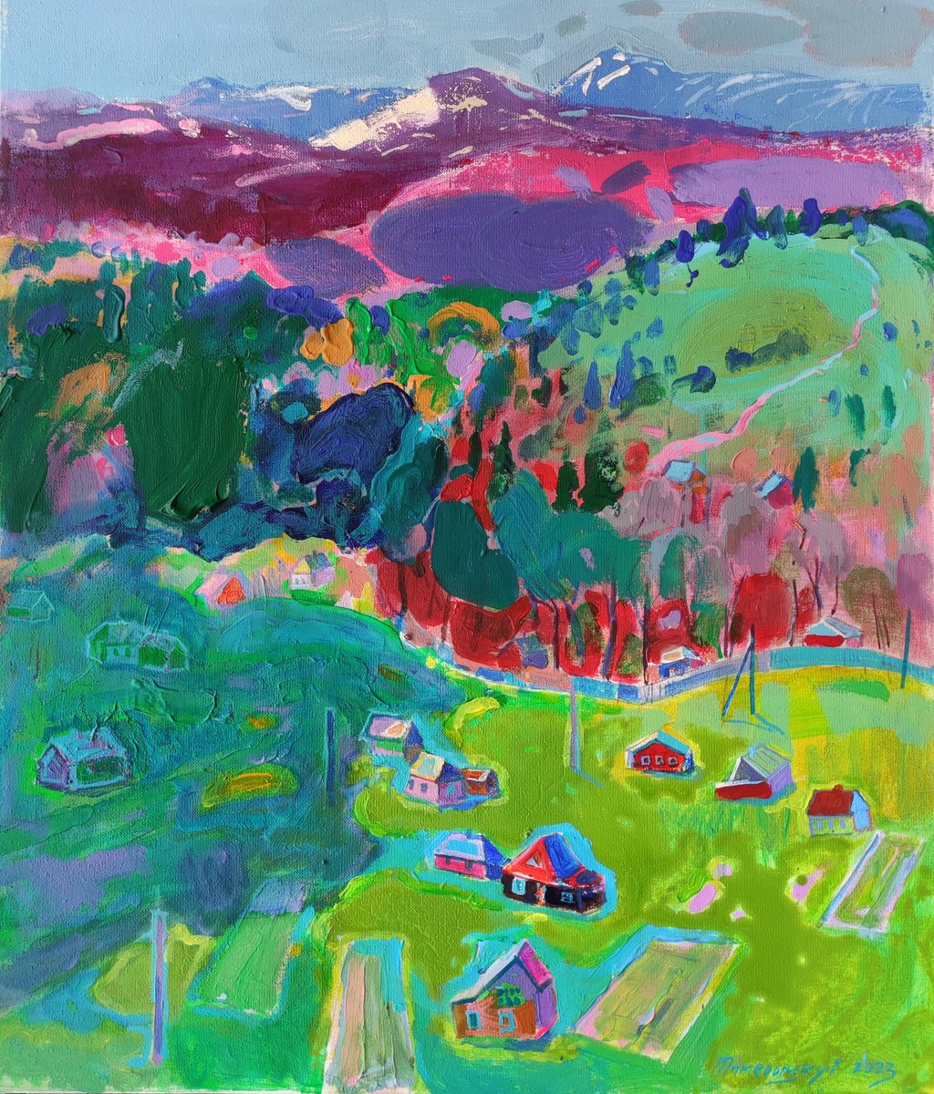 Impressionistic Landscape Acrylic Painting By Pavlo Makedonskyi, 24 X 28", Sun In The Carpathians, Original Artwork