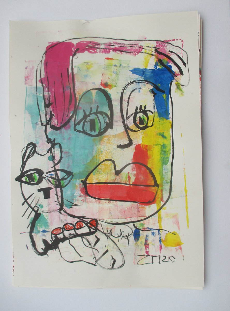 expressive girl with cat 23,6 x 16,5 inch unique mixedmedia drawing by Sonja Zeltner-Muller
