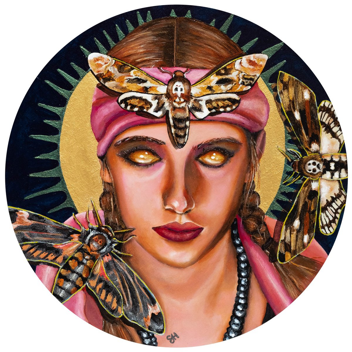 Surrealistic Portrait Acrylic Painting By Saskia Huitema, 8 X 8", Moth Whisperer, Original Artwork