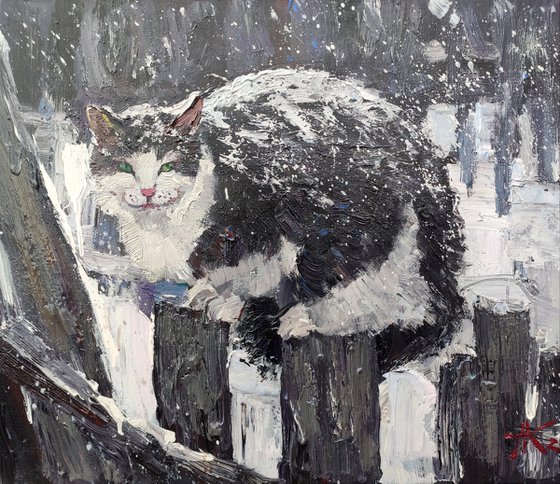 Ah, it's snowing..., Original acrylic painting, 60x70cm, ready to hang!