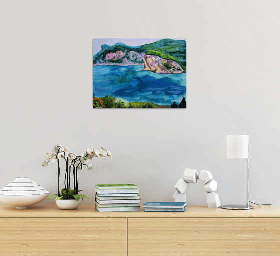 Greece seascape large original watercolor painting, coastal home decor