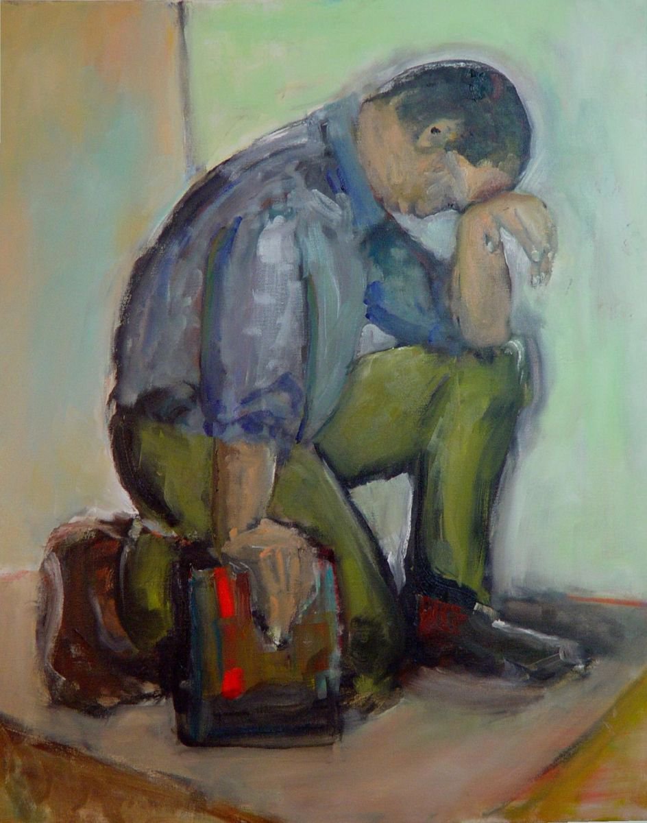 Abstract Portrait Oil Painting By Leon Sarantos, 24 X 30", Man Coming To Terms, Original Artwork