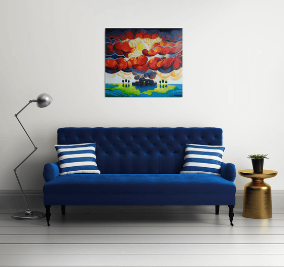 Sunset (80x90cm, cubism, oil painting, ready to hang)