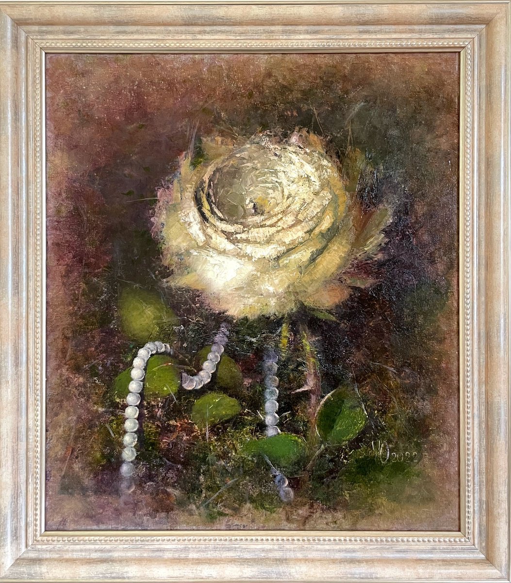 Impressionistic Botanical Oil Painting By Yulia Odukalets, 22 X 24", Beige Rose Moody, Original Artwork