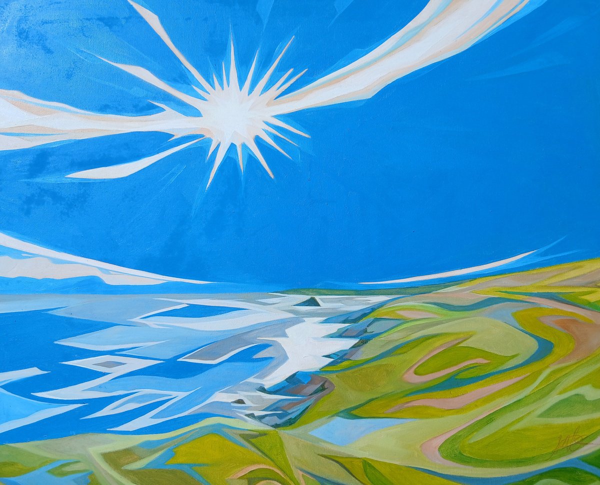 Geometric Landscape Oil Painting By Andrew Clayton, 30 X 24, Mew Stone, Sunny Day, Original Artwork