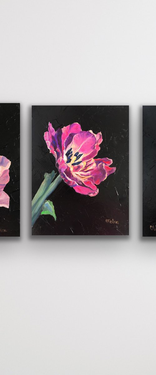 Set of 3 tulips oil on canvas, Purple Flower Wall Art, Pink Floral Gallery Wall Art, Minimal Botanical Art Wall Decor by Olga Volna