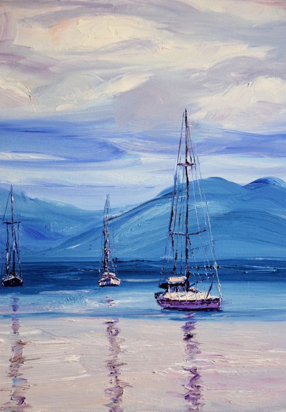 Clouds, Sea and Ships Large Oil Painting on Canvas, Greece Seascape