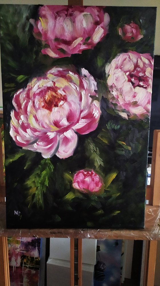 Love peonies, original flower oil painting, gift idea, bedroom art