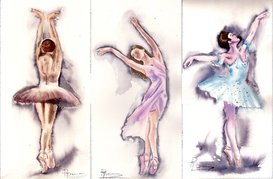 Set Of 3 Ballerinas Art Original Watercolor painting