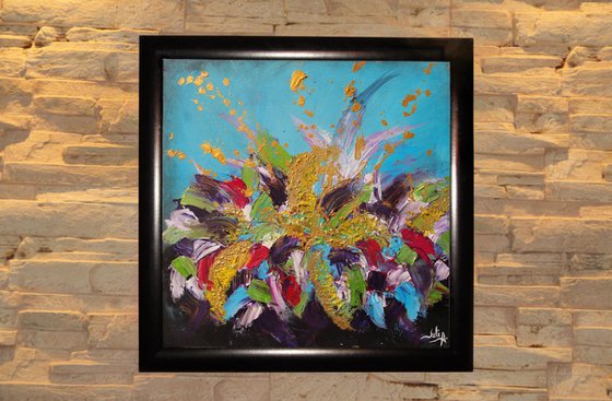 Floral Abstract Art, Framed Painting, Contemporary Art, Acrylic on Canvas, Black Frame, Turquoise, Purple, Gold, Palette Knife, Modern Home Decor, Splash Art