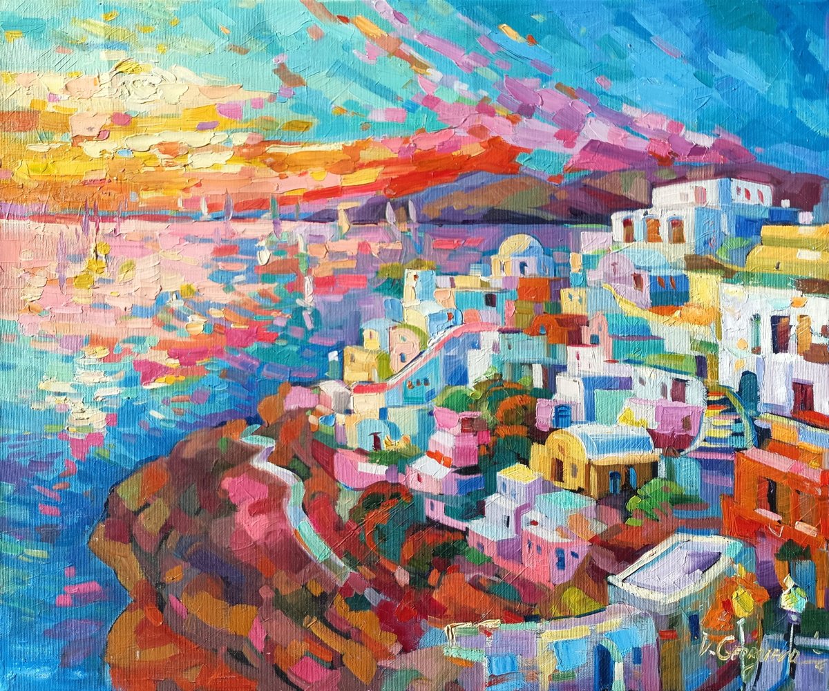 Impressionistic Landscape Oil Painting By Vanya Georgieva, 24 X 20", Magic Santorini, Original Artwork