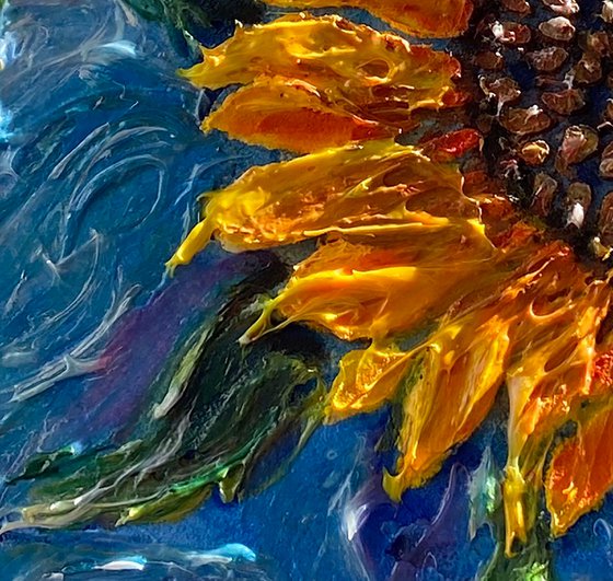 Abstract Sunflower with Blue Sky  Impasto Palette Knife Painting