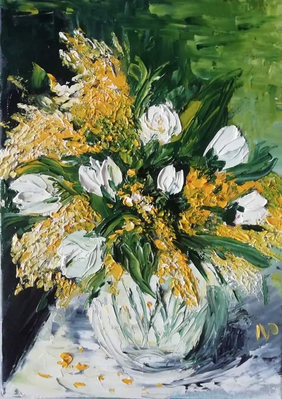 Mimosa, impressionistic floral oil painting, original flowers in vase