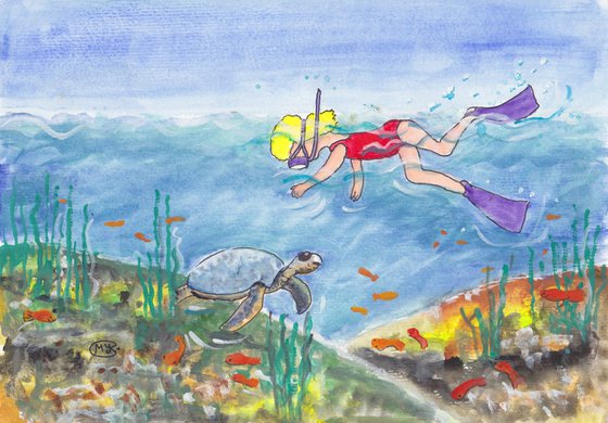Girl fishes and sea turtle