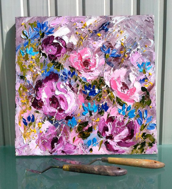 Peony Painting Floral Original Art Cornflowers Impasto Oil Palette Knife Painting Abstract Flowers Small Home Wall Art 12 by 12 inches