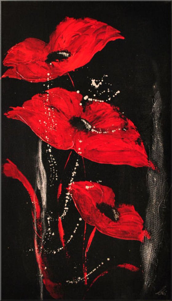 Red Poppies - abstract acrylic painting  canvas wall art black red silver flower painting ready to hang