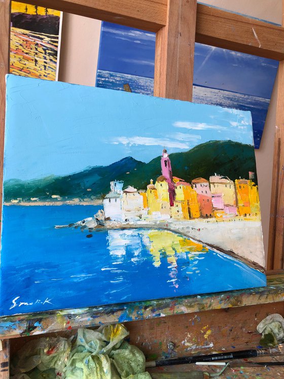 Italian village painting, Ligurian Rivera , impasto oil paintings