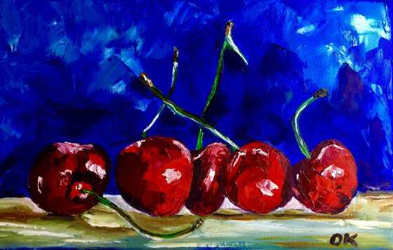 Cherries. Still life. Palette knife painting on linen canvas