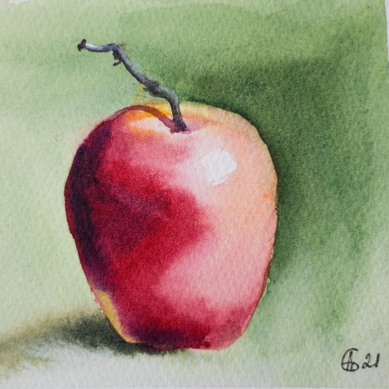 Red apple on green. Home isolation series. Original watercolor painting. Small still life fruits interior decor gift spain shadow original impression