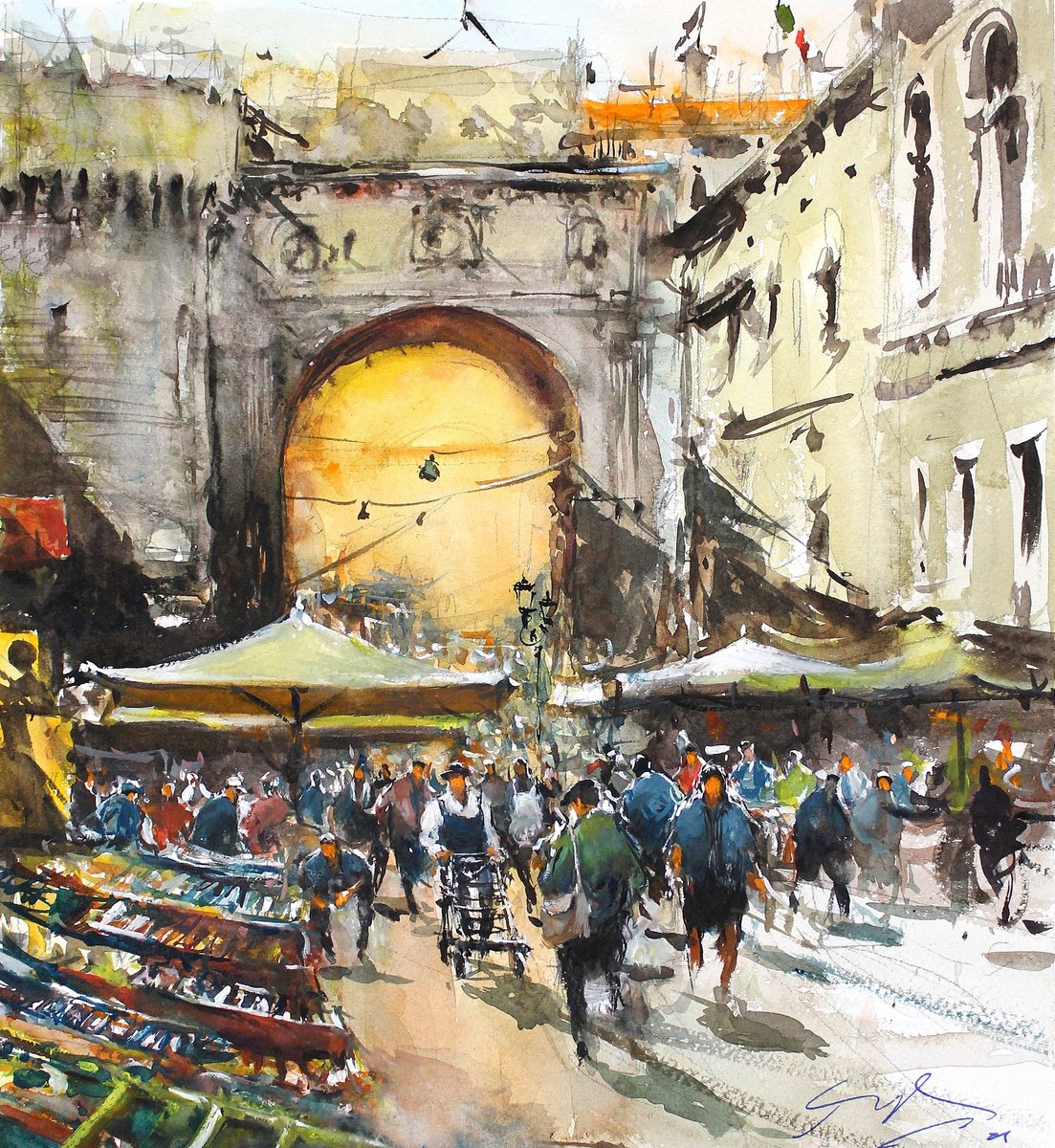 Impressionistic Cityscapes Watercolour By Maximo Damico, 12 X 14", Sunset At Napoli, Original Artwork