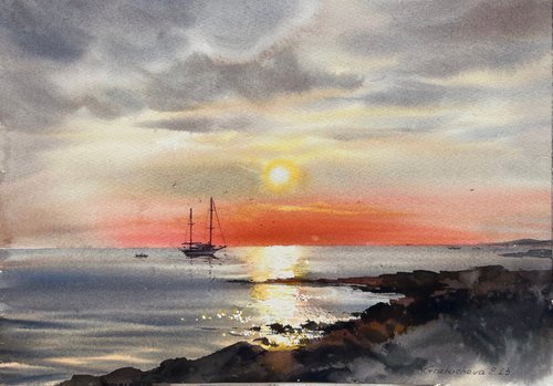 Sunset on the sea Yacht by Eugenia Gorbacheva