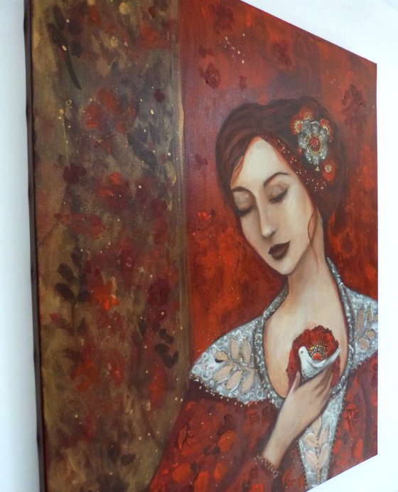 The messenger, acrylic on canvas ,quiet redhair woman with a bird
