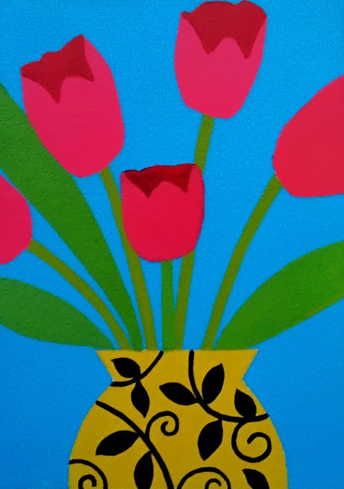 Pink Tulips in a Yellow Vase by Jan Rippingham