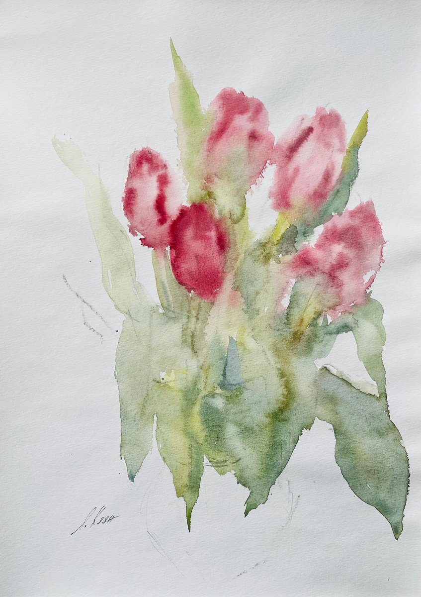Impressionistic Still Life Watercolour By Elena Klyan, 11 X 16, Tulips 1 2024, Original Artwork