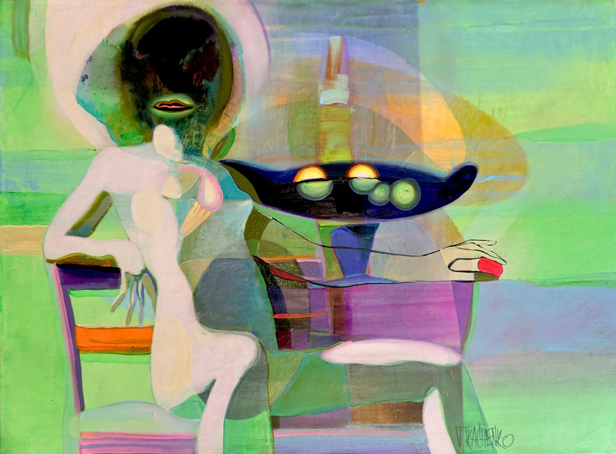 Organic Portrait Acrylic Painting By Victor Tkachenko, 31 X 23", Vegetarian, Original Artwork