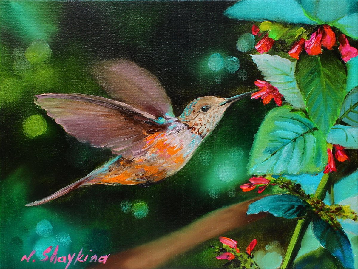 Impressionistic Animal Oil Painting By Natalia Shaykina, 9 X 7", Hummingbird And Red Flowers, Original Artwork