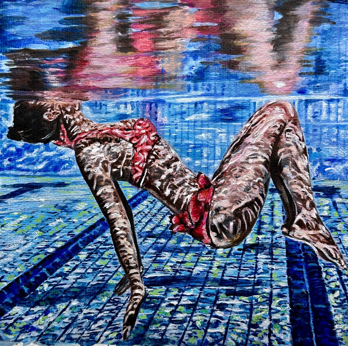Photorealistic Portrait Painting By Misty Lady - M. Nierobisz, 13 X 13", In The Swimming Pool, Original Artwork