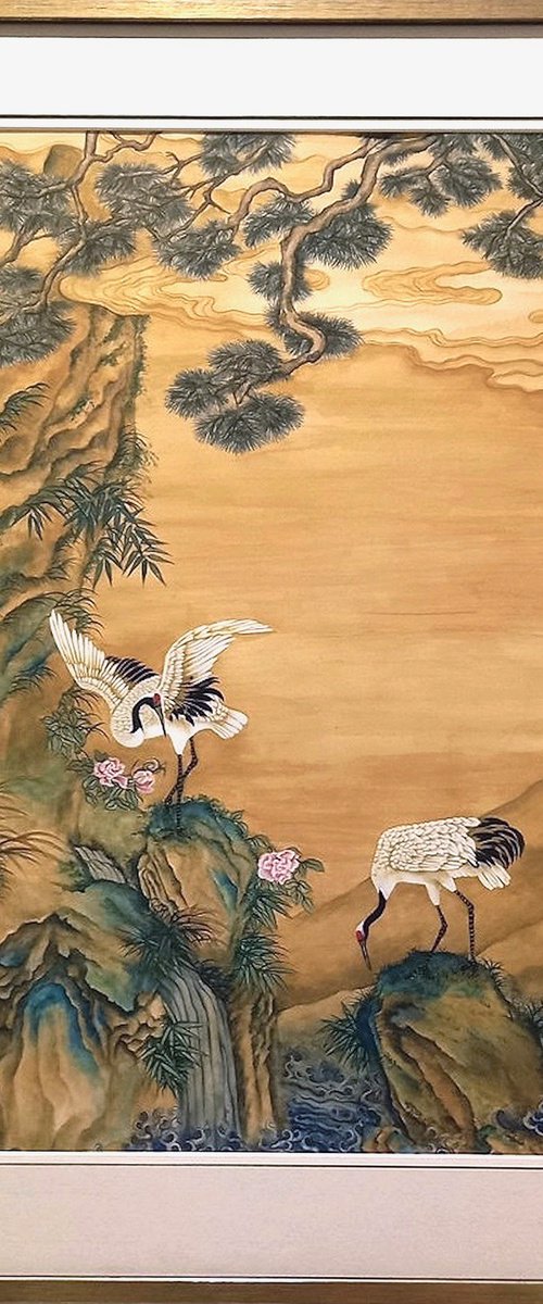 Cranes And Peonies Under A Pine Tree by Nicola Mountney