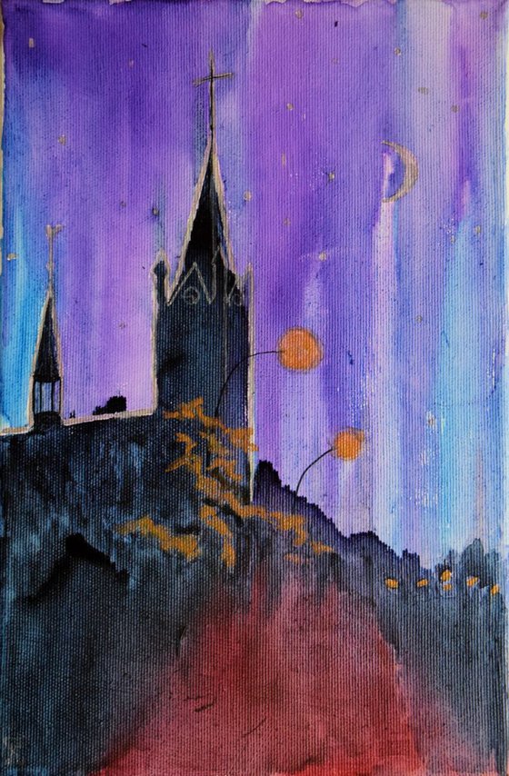 Original watercolor painting on canvas Golden and silver Slovak church in starry night