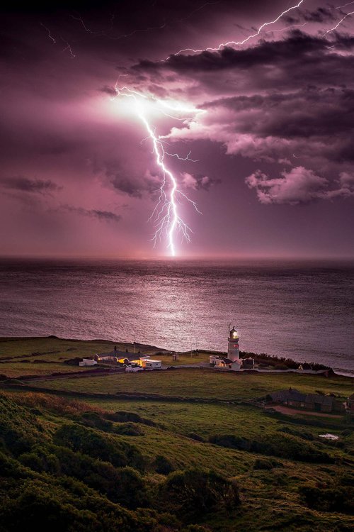 Lightning Over St Catherine's Lighthouse - Isle of Wight Print by Chad Powell