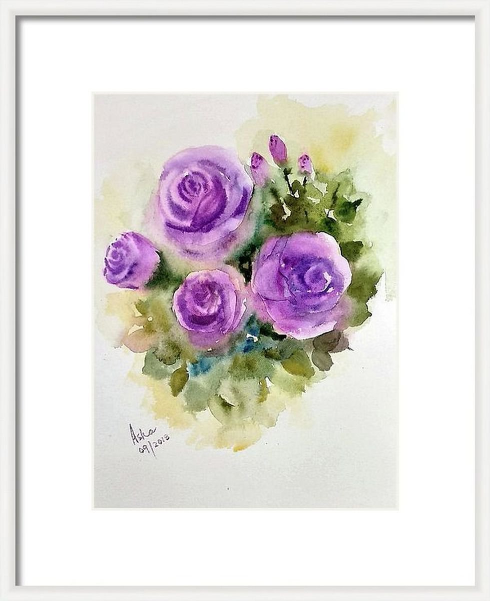 Purple Roses Watercolor Floral Art- 10.25x 14 GIFT by Asha Shenoy