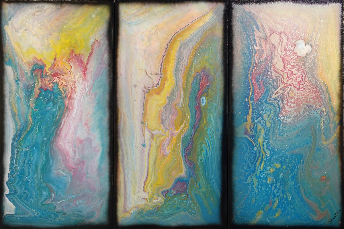 Blue fluid triptych A1118 Abstract art - pouring Paintings on canvas - Original Contempora... by Ksavera