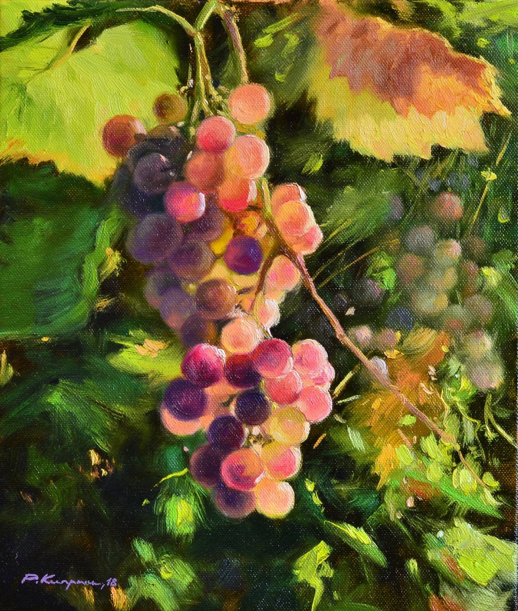 Photorealistic Landscape Oil Painting By Ruslan Kiprych, 12 X 14", Bunch Of Grapes, Original Artwork