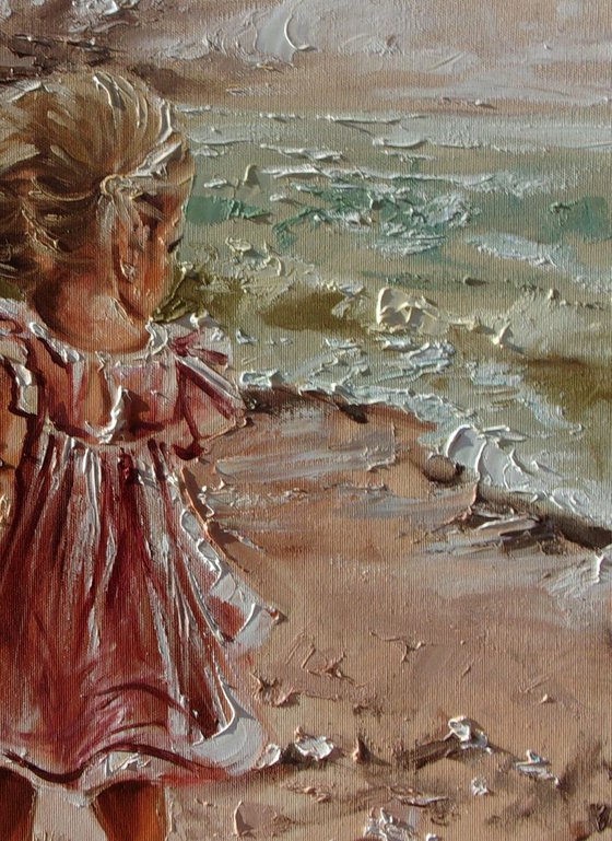 " LITTLE GIRL DANCING " original painting SEA SUMMER palette knife GIFT autumn
