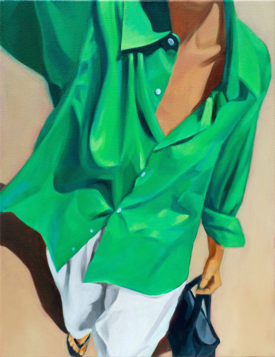 Photorealistic Portrait Oil Painting By Ara Youn, 14 X 18, The Green Shirt, Original Artwork