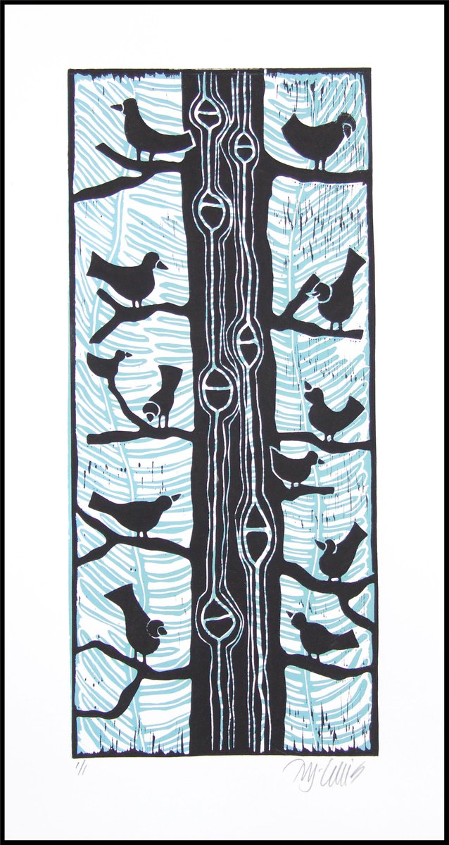 Birds in a tree, linocut, 2 layers by Mariann Johansen-Ellis