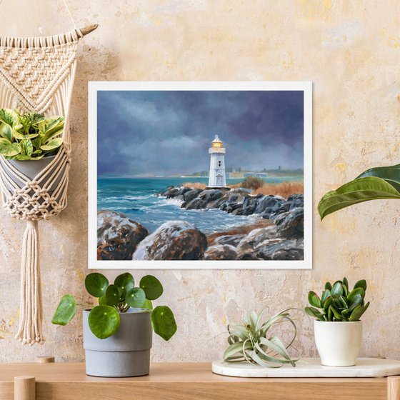 Lighthouse in blue-gray sky