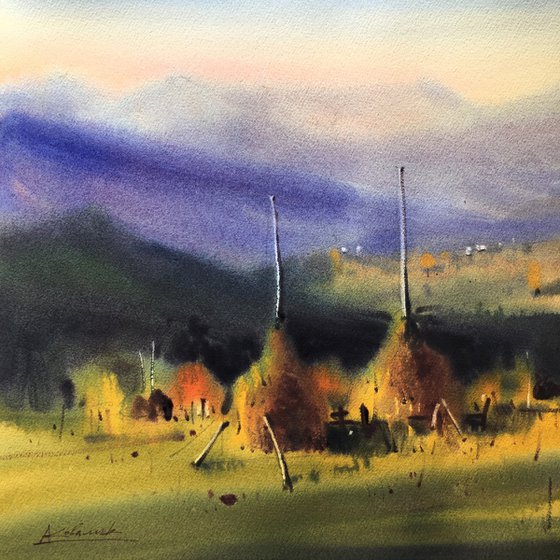 Landscape with haystacks in Carpathian Mountains. Original watercolor painting. Autumn landscape.