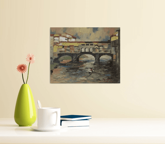 Original Oil Painting Wall Art Signed unframed Hand Made Jixiang Dong Canvas 25cm × 20cm Cityscape Ponte Vecchio Bridge Italy Small Impressionism Impasto