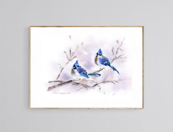 Blue jays original watercolour painting with blue birds on branch, farmhouse painting decor for home gift idea