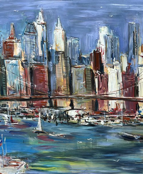 Brooklyn bridge, abstract impressionist painting 70x135cm by Altin Furxhi